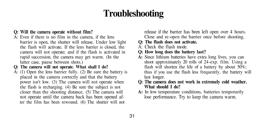 Olympus Infinity Stylus manual Troubleshooting, Will the camera operate without film? 