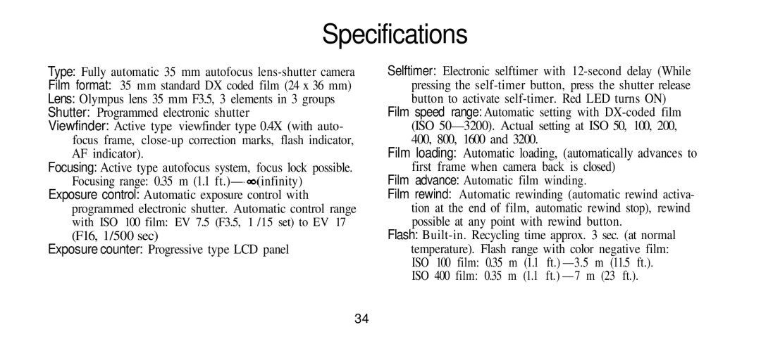 Olympus Infinity Stylus manual Specifications, Exposure counter Progressive type LCD panel 