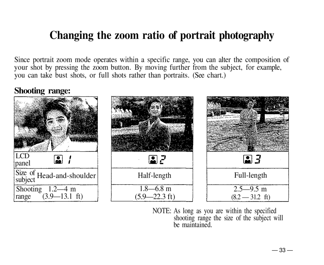 Olympus IS-1 manual Size of Head-and-shoulder subject, Half-length Full-length, 9.5 m 