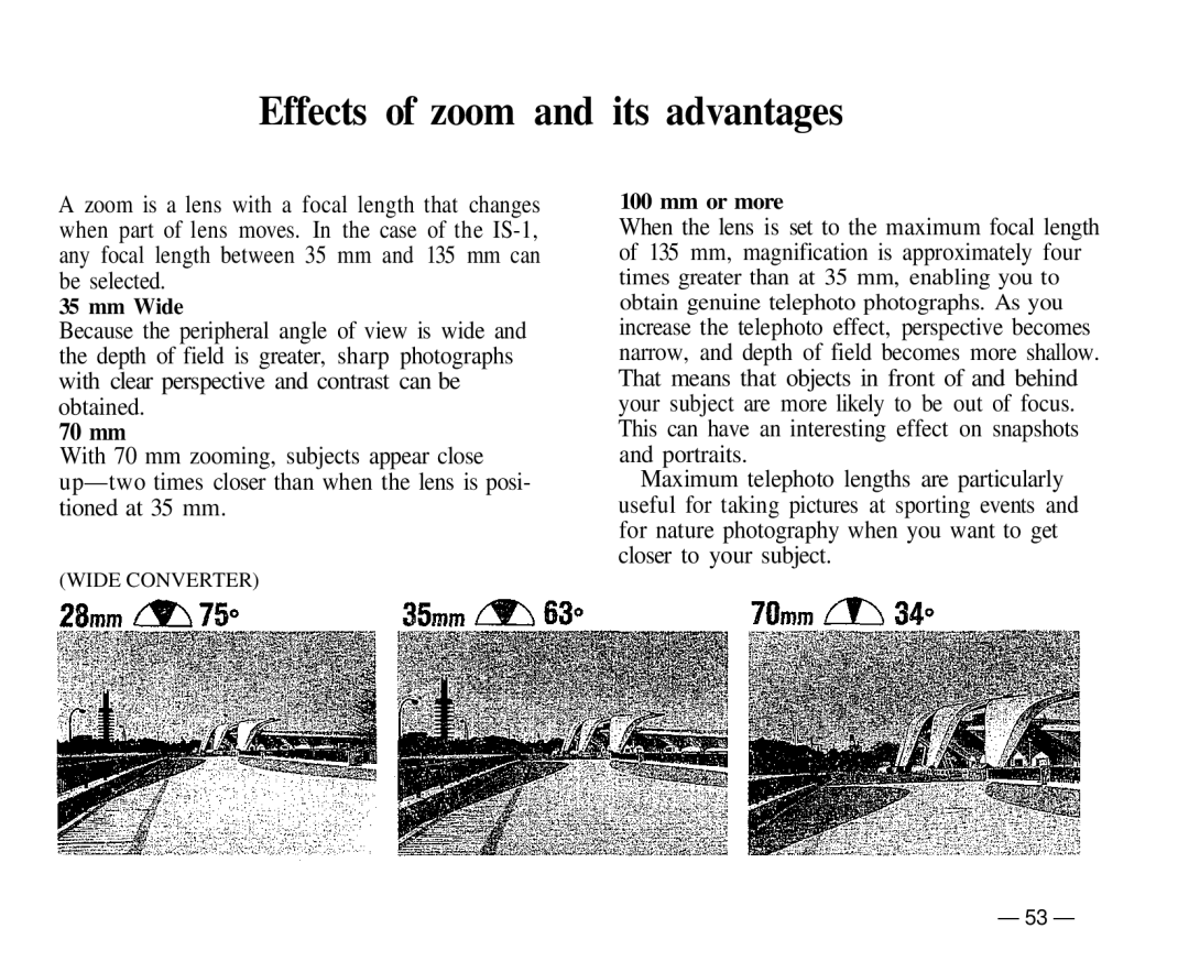 Olympus IS-1 manual Effects of zoom and its advantages, 70 mm 