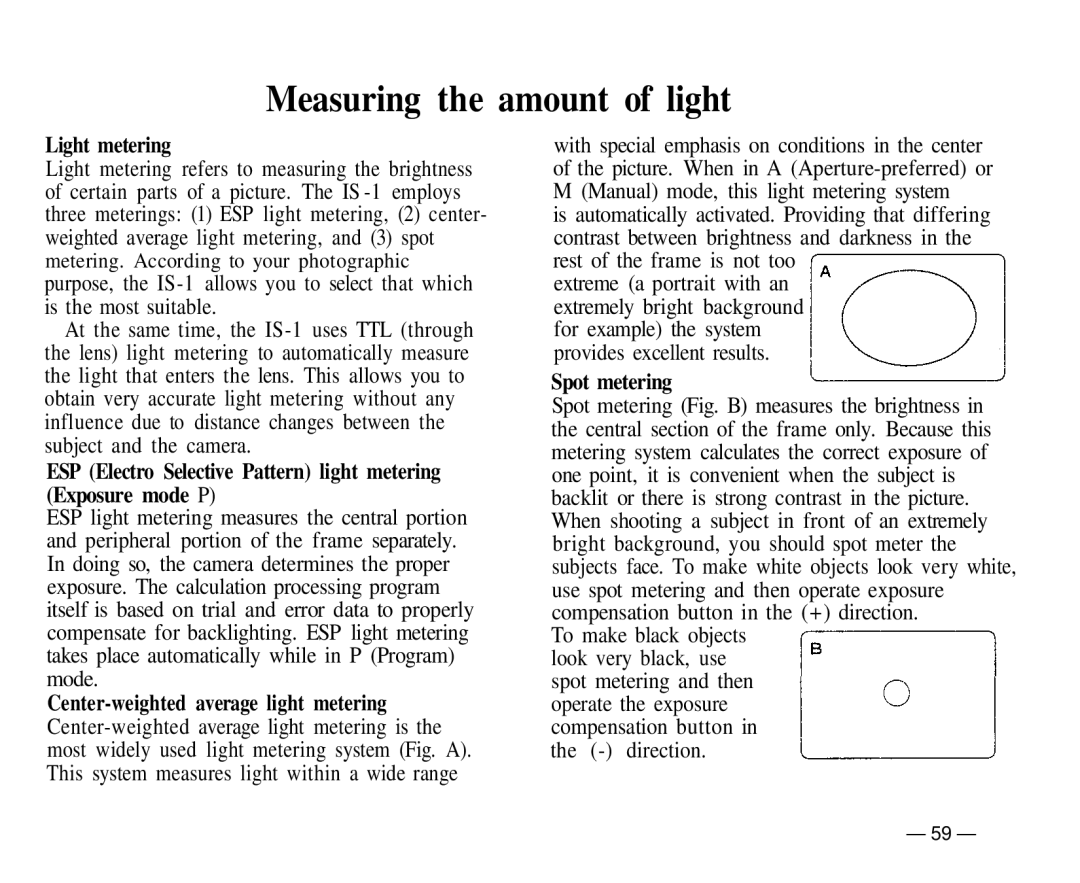 Olympus IS-1 manual Measuring the amount of light, Light metering, Spot metering 