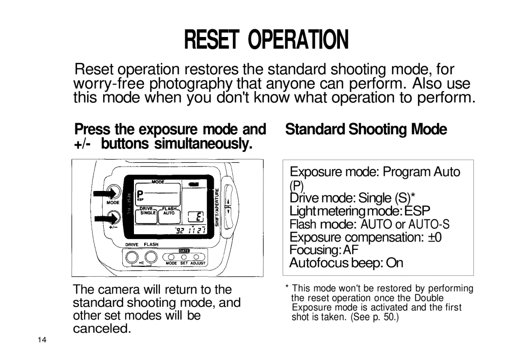 Olympus iS-3 DLX manual Reset Operation, Standard Shooting Mode 