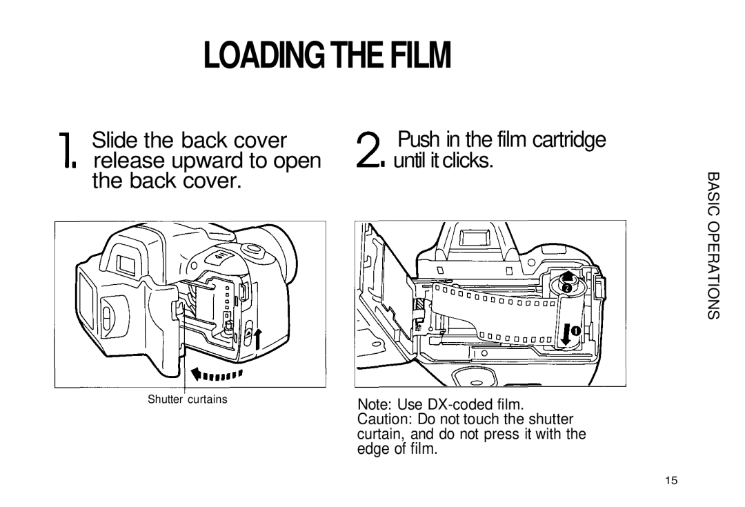 Olympus iS-3 DLX manual Loading the Film, Slide the back cover, Release upward to open, Back cover, Until it clicks 