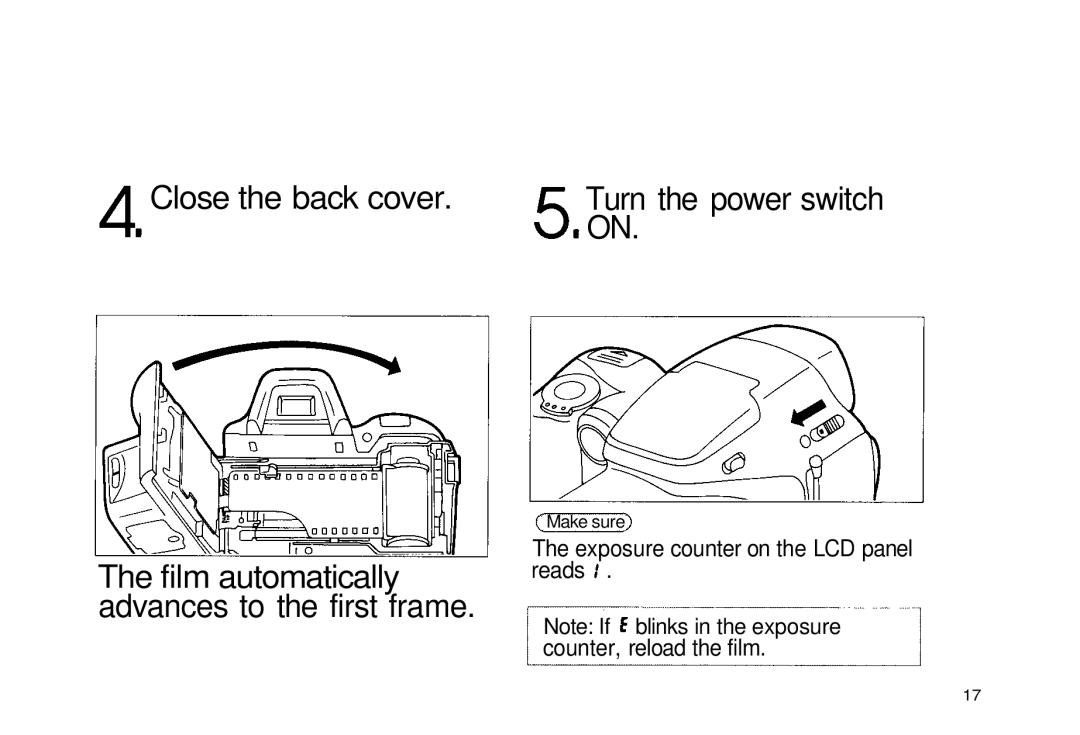 Olympus iS-3 DLX manual Close the back cover, Turn the power switch, Film automatically advances to the first frame 