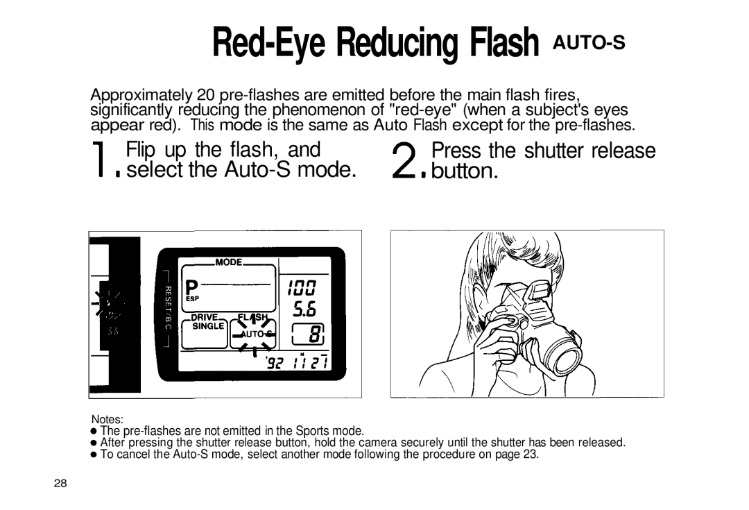 Olympus iS-3 DLX manual Select the Auto-S mode Button, Flip up the flash, Pre-flashes are not emitted in the Sports mode 