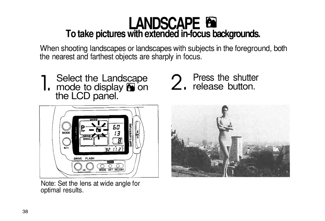 Olympus iS-3 DLX manual To take pictures with extended in-focus backgrounds, Select the Landscape, LCD panel 