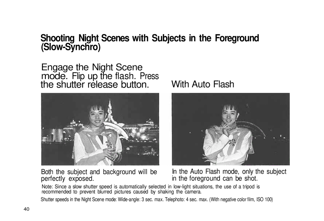 Olympus iS-3 DLX manual Shutter release button, Engage the Night Scene Mode. Flip up the flash. Press 