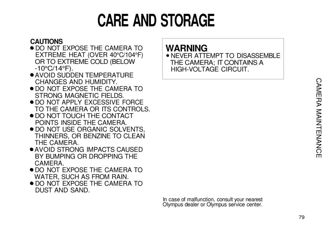 Olympus iS-3 DLX manual Care and Storage 