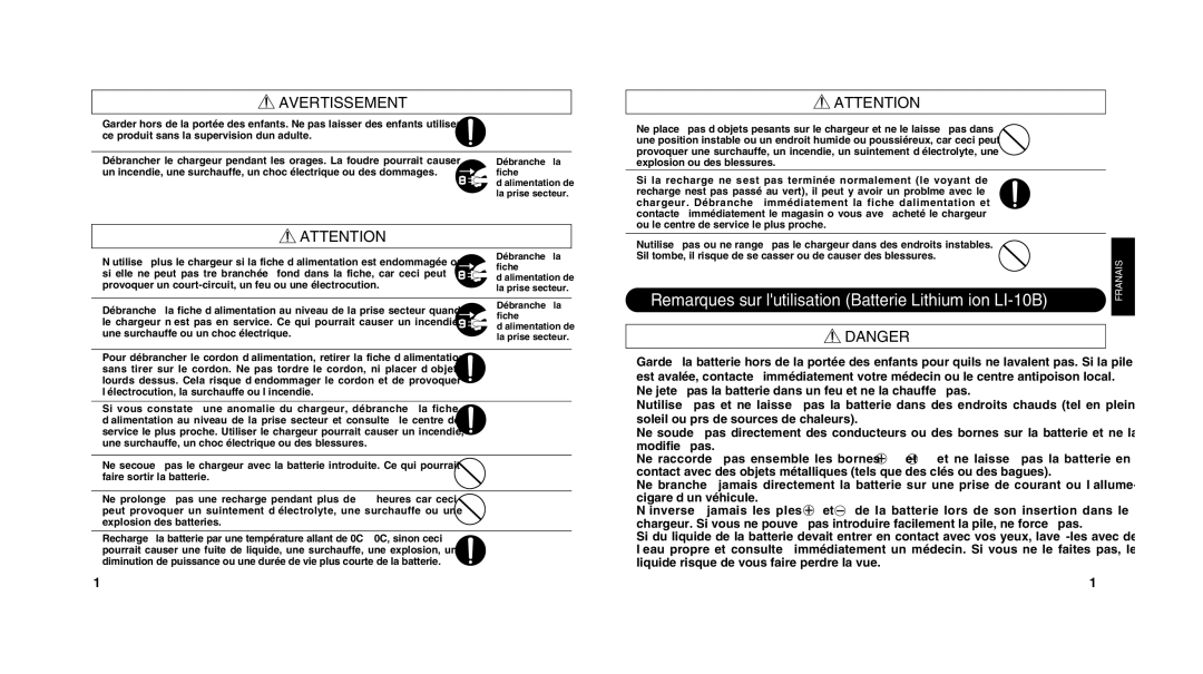 Olympus LI 10C instruction manual Remarques sur lutilisation Batterie Lithium ion LI-10B 