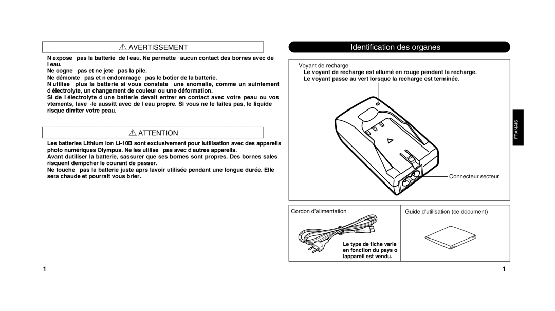 Olympus LI 10C instruction manual Identification des organes, Voyant de recharge, Connecteur secteur, Cordon d’alimentation 