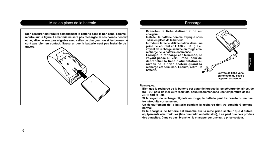 Olympus LI 10C instruction manual Mise en place de la batterie Recharge, Remarques 