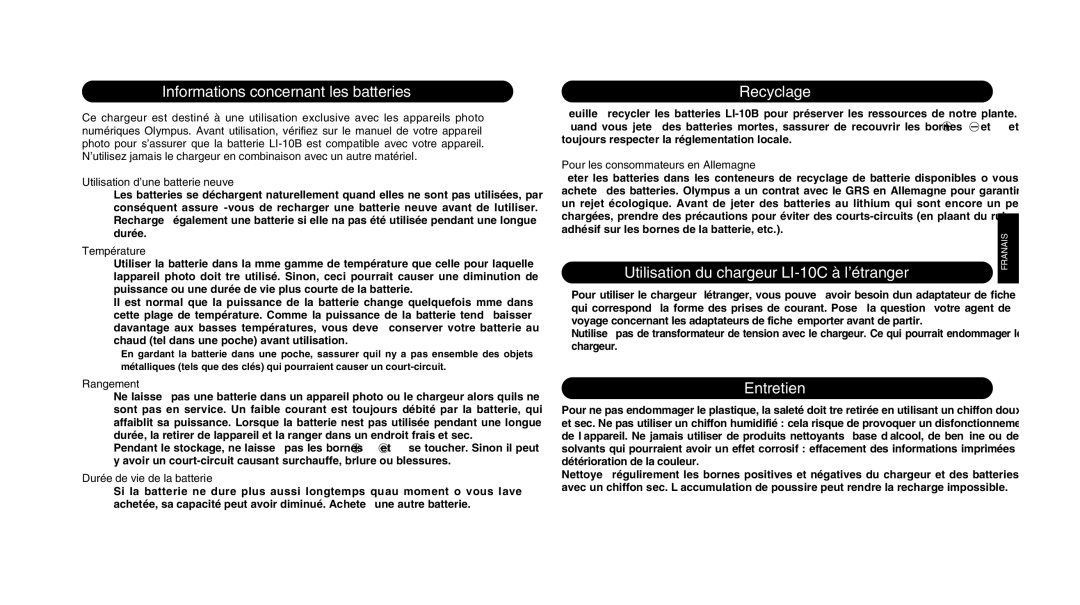 Olympus LI 10C Informations concernant les batteries, Recyclage, Utilisation du chargeur LI-10C à l’étranger, Entretien 