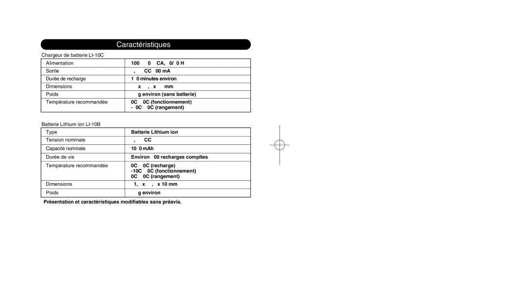 Olympus LI 10C instruction manual Caractéristiques 