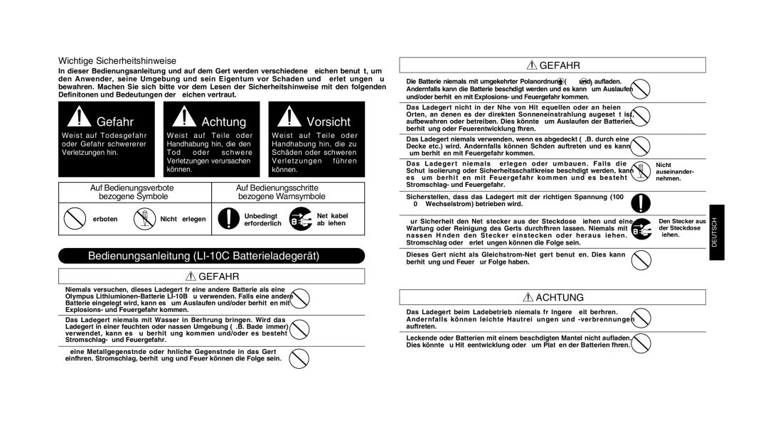 Olympus LI 10C Bedienungsanleitung LI-10C Batterieladegerät, Gefahr, Achtung, Auf Bedienungsschritte, Bezogene Warnsymbole 