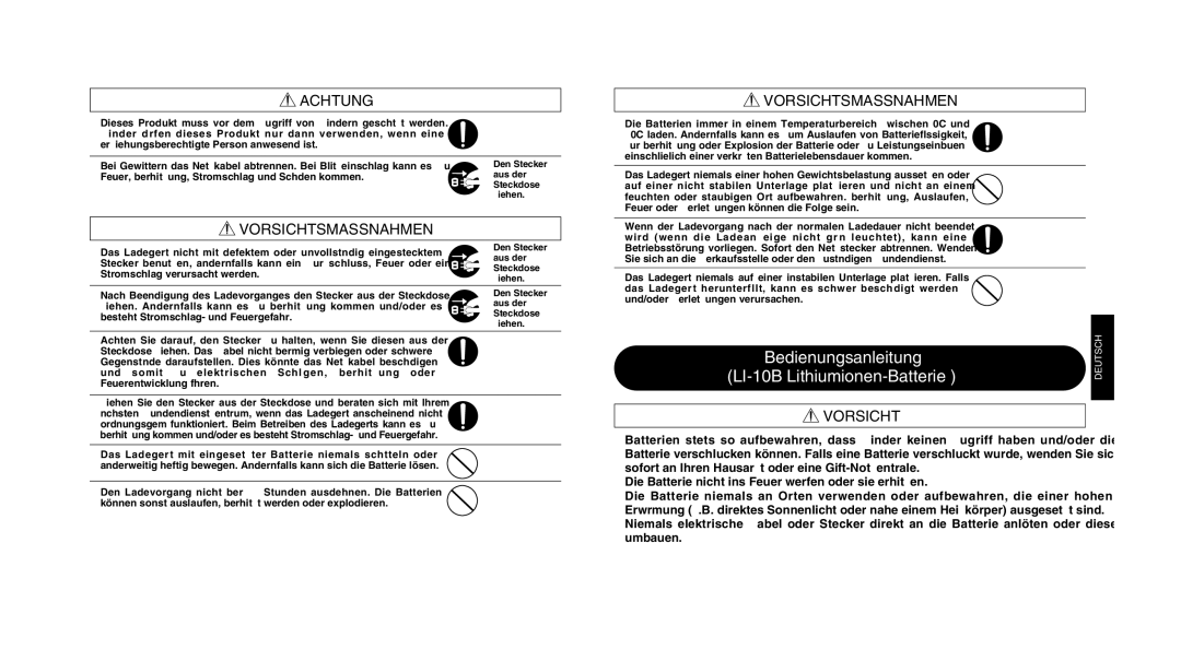 Olympus LI 10C instruction manual Bedienungsanleitung, LI-10B Lithiumionen-Batterie, Vorsichtsmassnahmen 