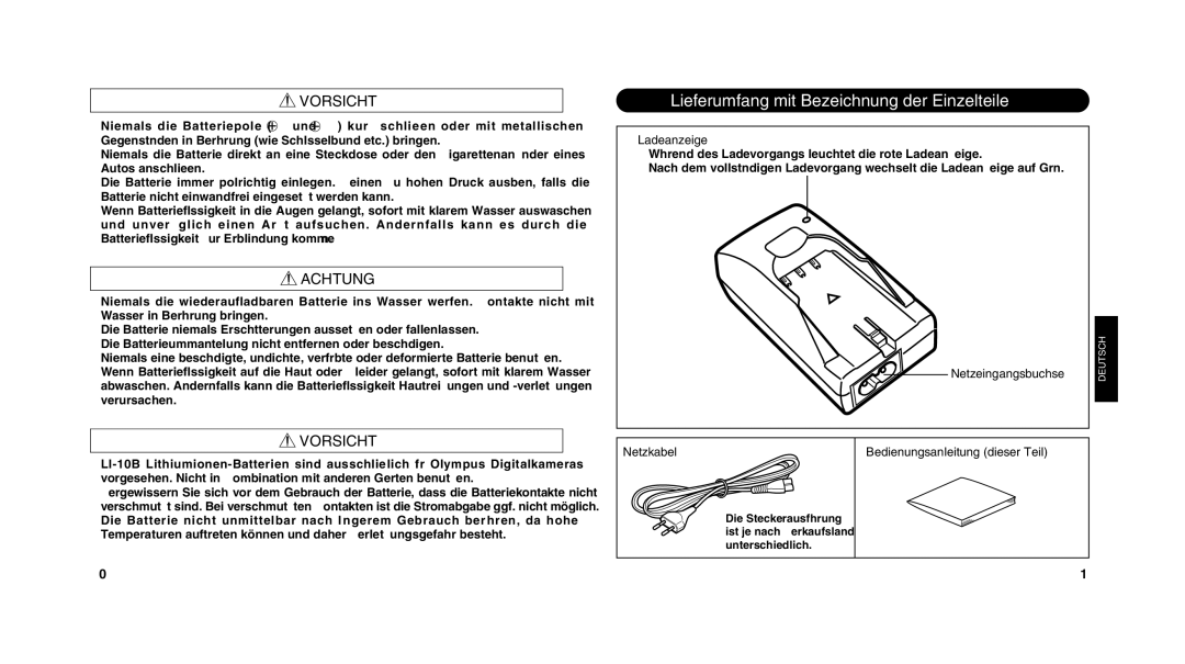 Olympus LI 10C instruction manual Lieferumfang mit Bezeichnung der Einzelteile, Ladeanzeige, Netzeingangsbuchse, Netzkabel 