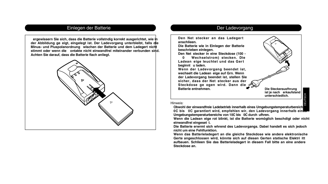 Olympus LI 10C instruction manual Einlegen der Batterie, Der Ladevorgang, Hinweis 