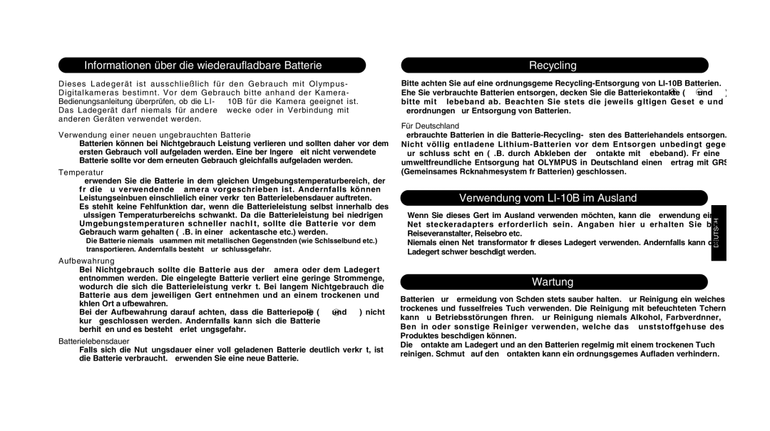 Olympus LI 10C Informationen über die wiederaufladbare Batterie, Verwendung vom LI-10B im Ausland, Wartung 