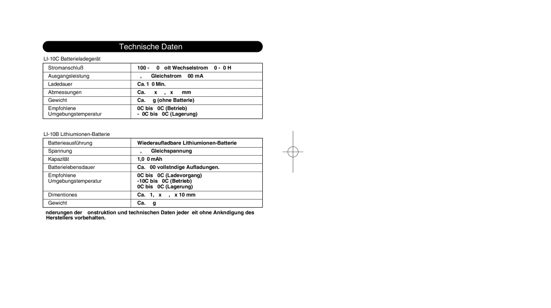 Olympus LI 10C instruction manual Technische Daten 