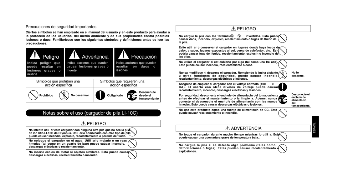 Olympus LI 10C instruction manual Notas sobre el uso cargador de pila LI-10C, Peligro, Advertencia 