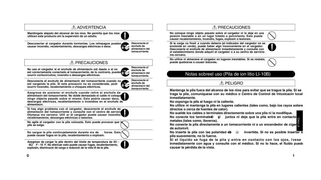 Olympus LI 10C instruction manual Notas sobreel uso Pila de ion litio LI-10B, Precauciones 