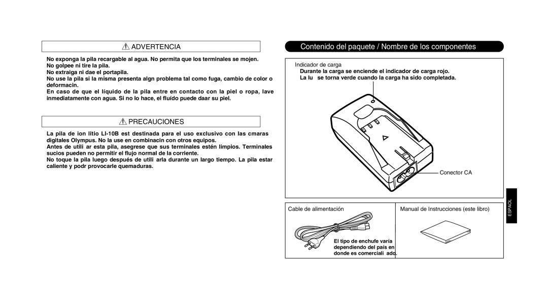 Olympus LI 10C instruction manual Indicador de carga, Conector CA Cable de alimentación 