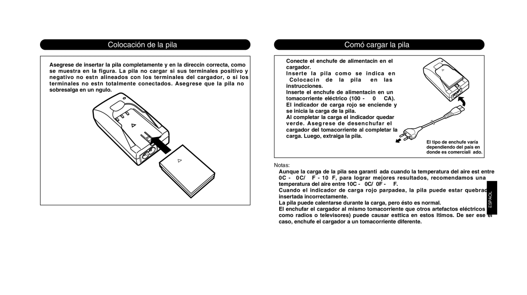 Olympus LI 10C instruction manual Colocación de la pila, Comó cargar la pila, Notas 