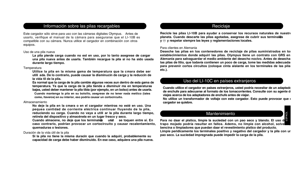 Olympus LI 10C Información sobre las pilas recargables, Reciclaje, Uso del LI-10C en países extranjeros, Mantenimiento 