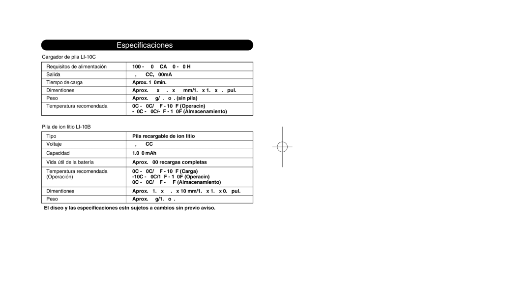 Olympus LI 10C instruction manual Especificaciones 