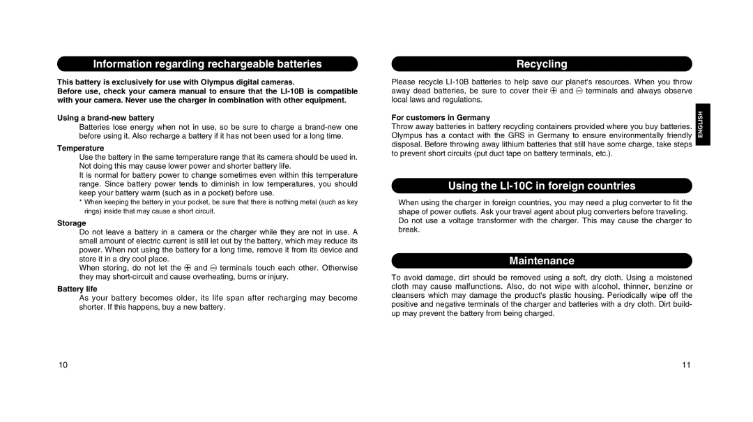 Olympus LI 10C Information regarding rechargeable batteries, Recycling, Using the LI-10C in foreign countries, Maintenance 