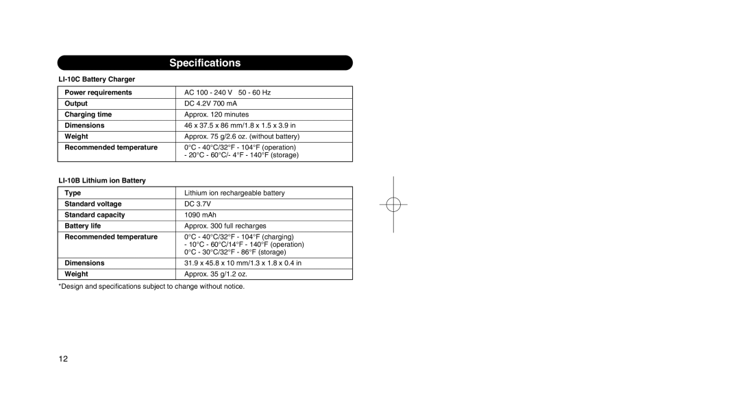 Olympus LI 10C instruction manual Specifications 