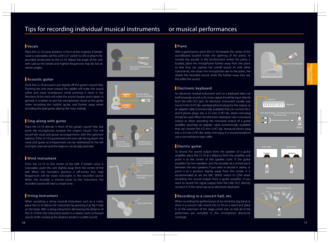 Olympus LS-10 manual When recording a string musical instrument such as a violin, Setups of musical instruments 