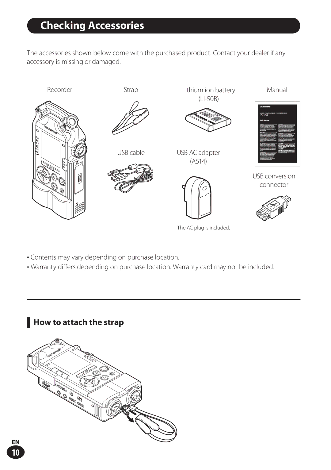 Olympus LS-100 user manual Checking Accessories, How to attach the strap, Manual, Lithium ion battery 