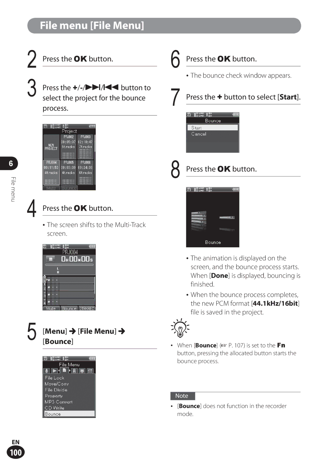 Olympus LS-100 user manual Menu File Menu Bounce, Screen shifts to the Multi-Track screen, Bounce check window appears 