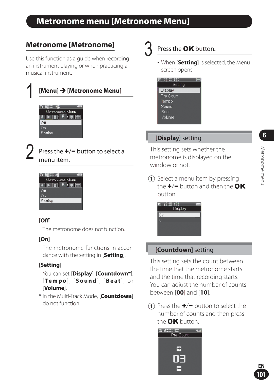 Olympus LS-100 user manual Metronome menu Metronome Menu, Metronome Metronome, Menu Metronome Menu, Setting 