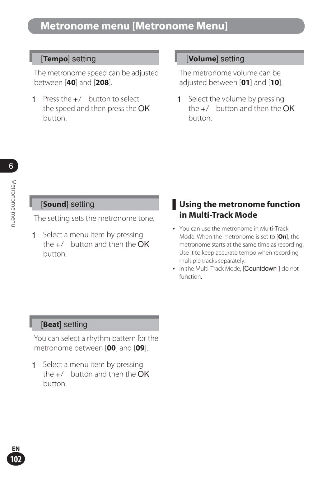 Olympus LS-100 user manual Using the metronome function in Multi-Track Mode, Sound setting, Setting sets the metronome tone 