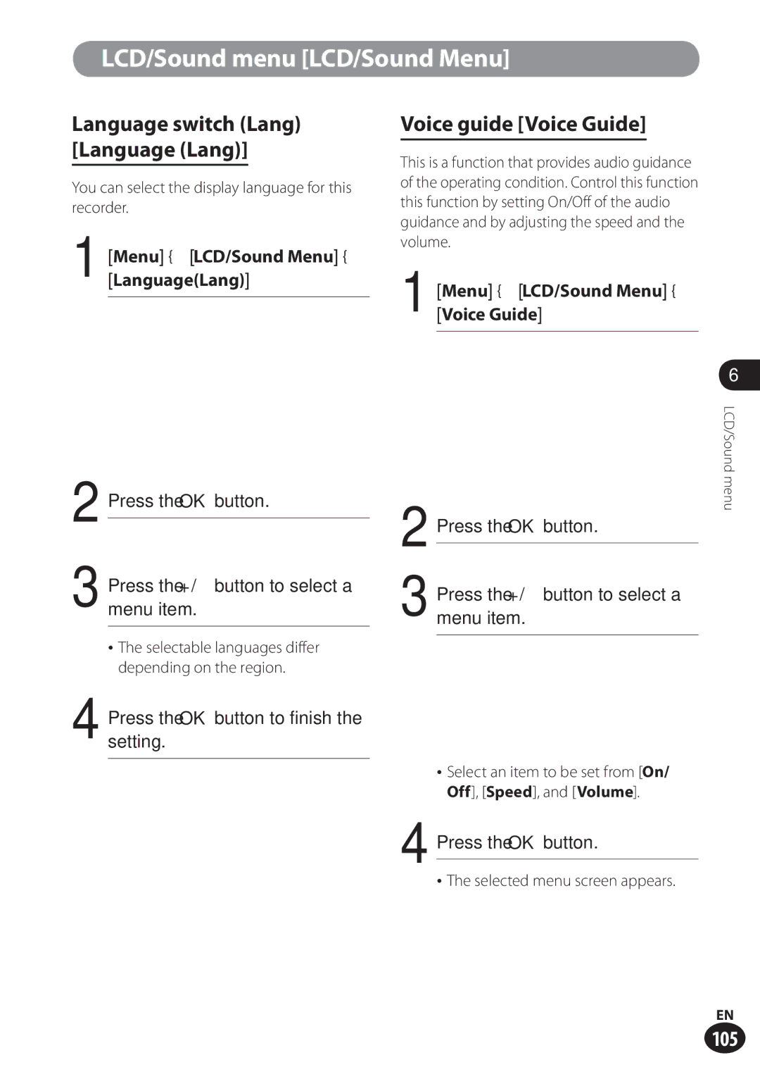 Olympus LS-100 user manual Voice guide Voice Guide, Language switch Lang Language Lang, Menu LCD/Sound Menu LanguageLang 