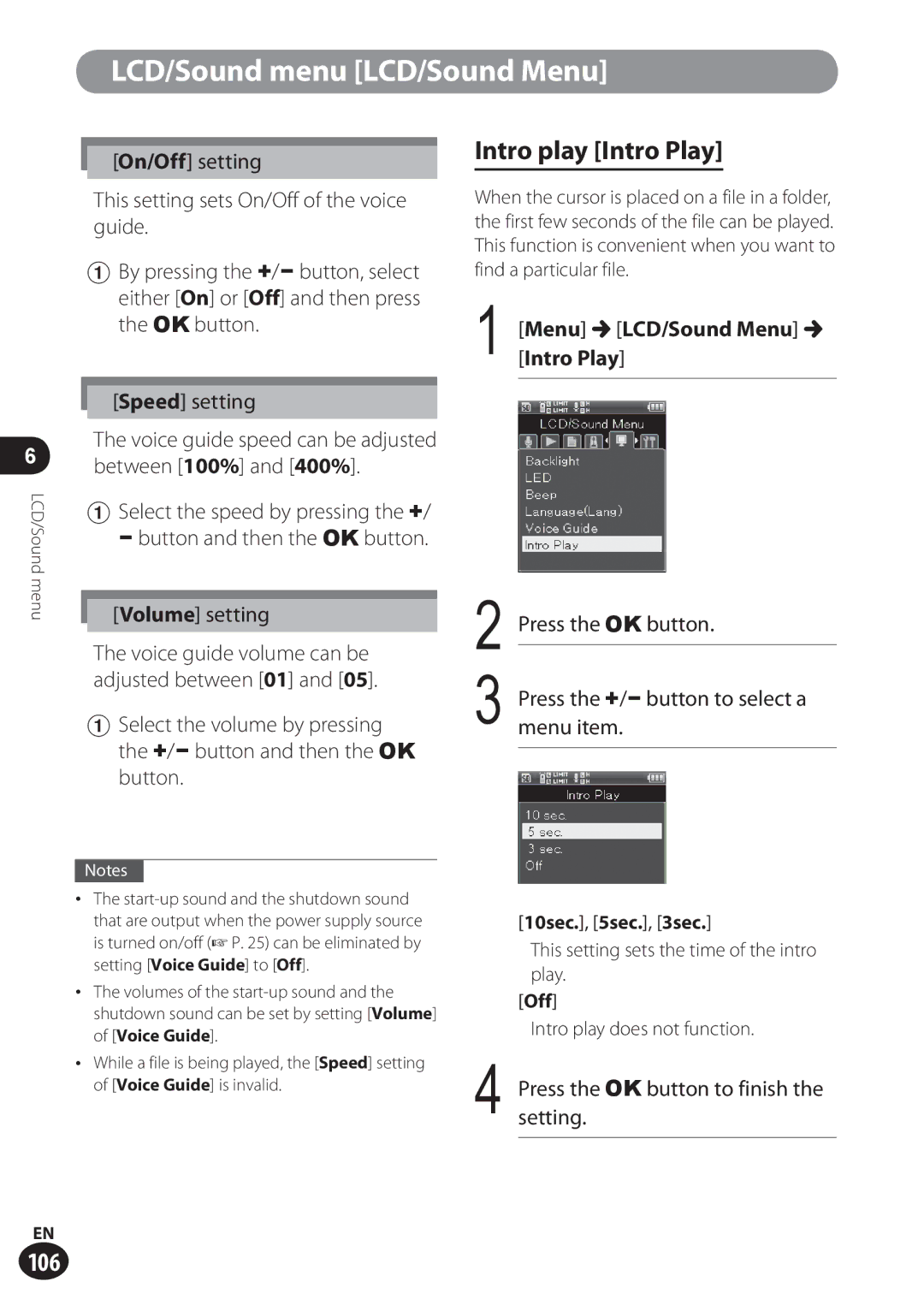 Olympus LS-100 user manual Intro play Intro Play, Menu LCD/Sound Menu Intro Play, 10sec., 5sec., 3sec 