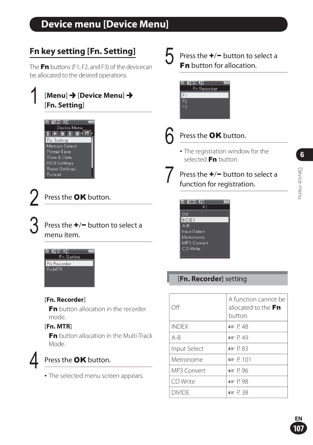 Olympus LS-100 user manual Device menu Device Menu, Fn key setting Fn. Setting, Menu Device Menu, Fn. Recorder setting 