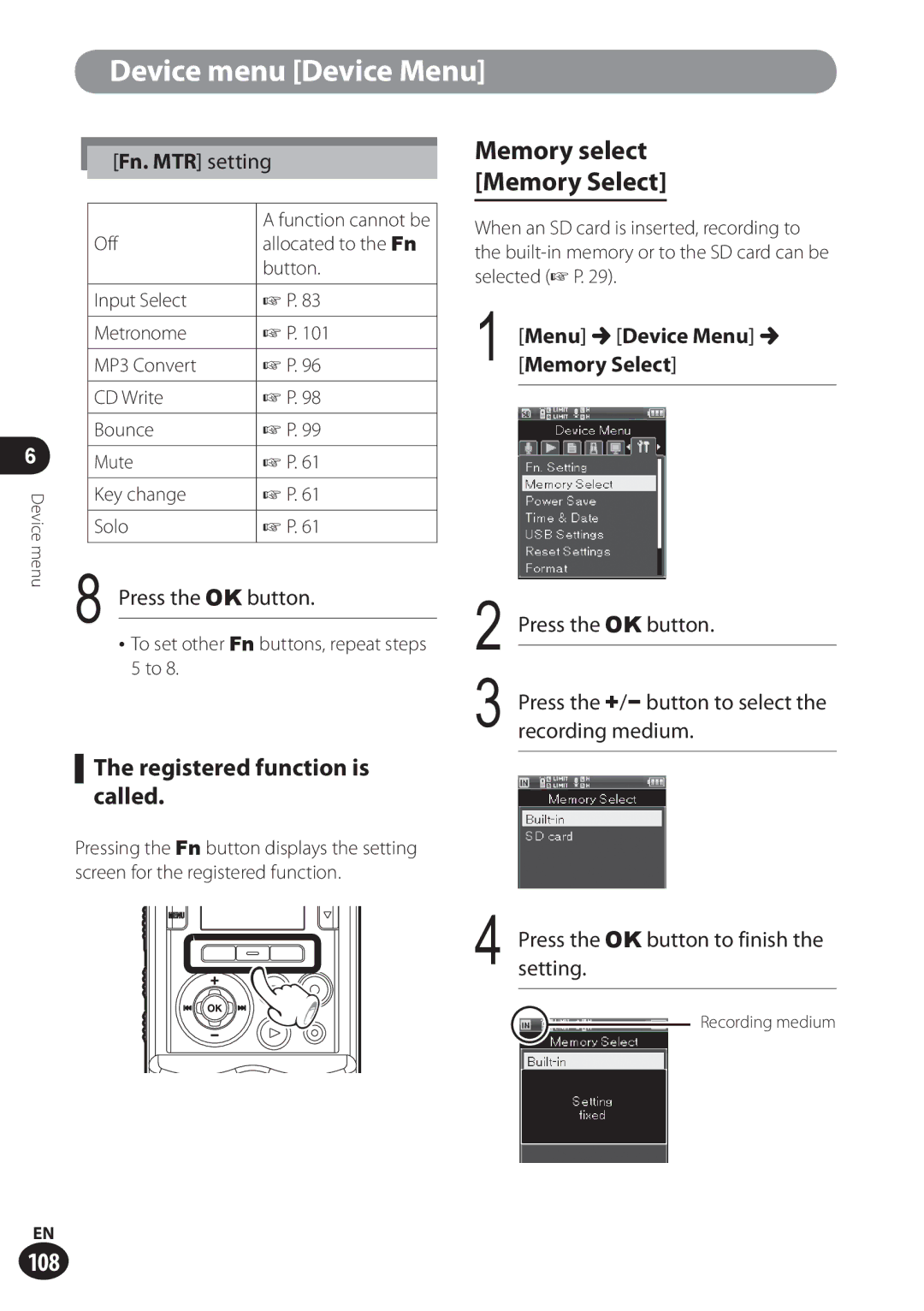 Olympus LS-100 user manual Memory select, Memory Select, Registered function is called, Fn. MTR setting 