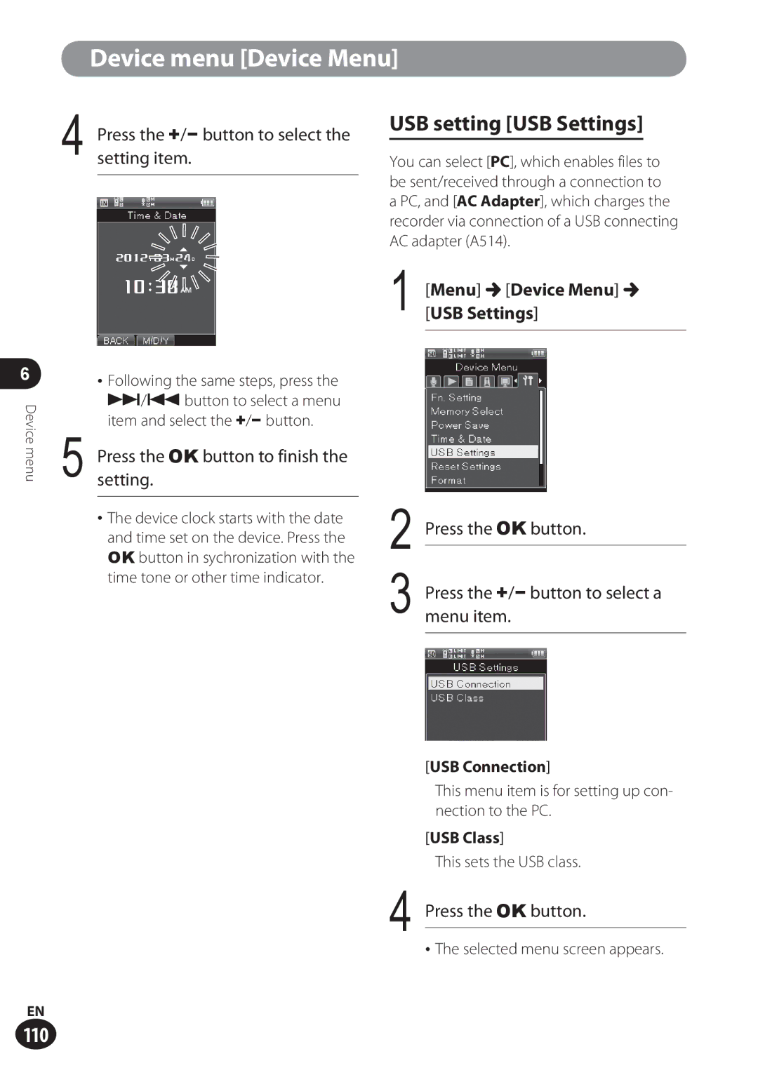 Olympus LS-100 USB setting USB Settings, Press the +/− button to select the setting item, Menu Device Menu USB Settings 