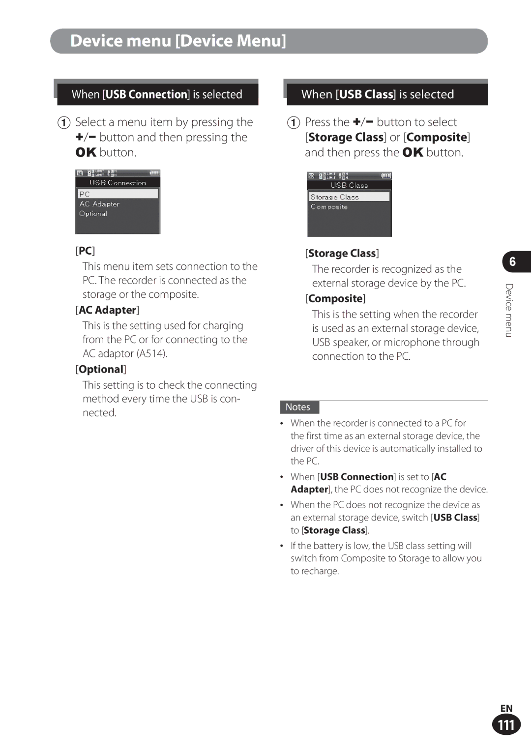 Olympus LS-100 user manual AC Adapter, Optional, Storage Class or Composite and then press the OK button 