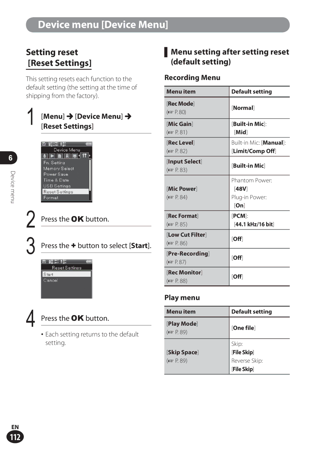 Olympus LS-100 Setting reset Reset Settings, Menu setting after setting reset default setting, Recording Menu, Play menu 