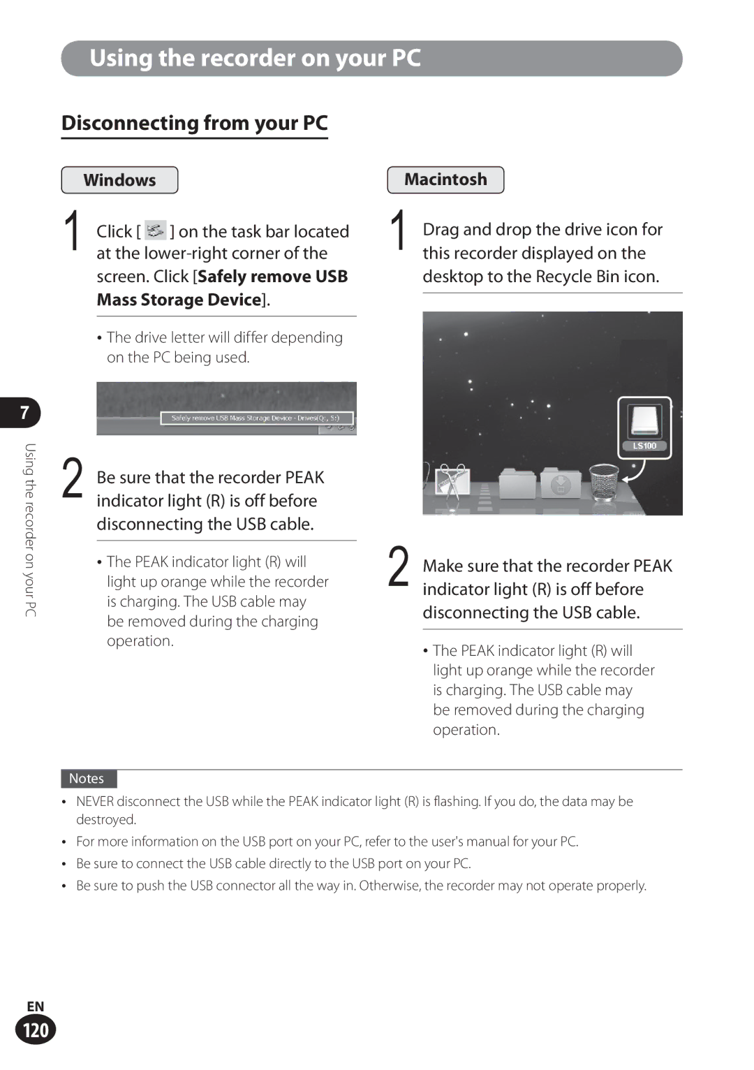 Olympus LS-100 Disconnecting from your PC, Windows, Screen. Click Safely remove USB Mass Storage Device, Macintosh 