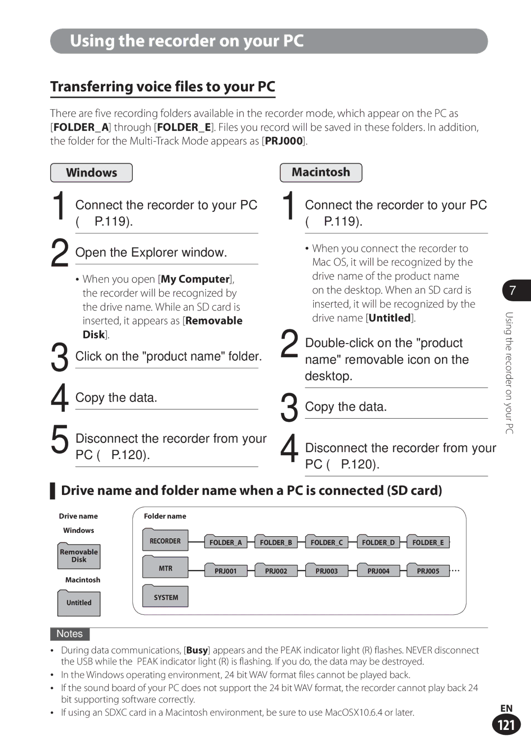 Olympus LS-100 user manual Transferring voice files to your PC, Drive name and folder name when a PC is connected SD card 