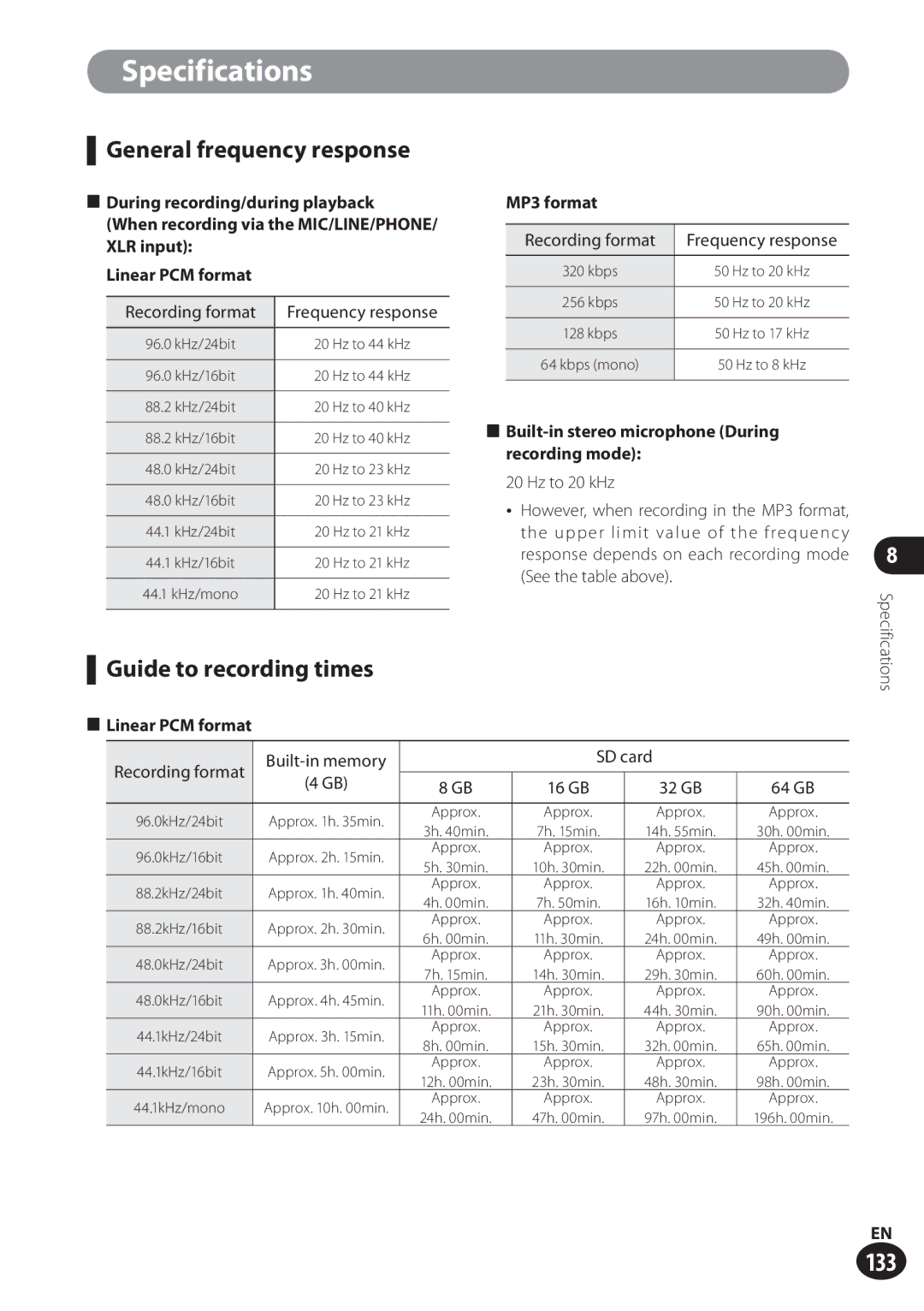 Olympus LS-100 user manual General frequency response, Guide to recording times, Hz to 20 kHz 