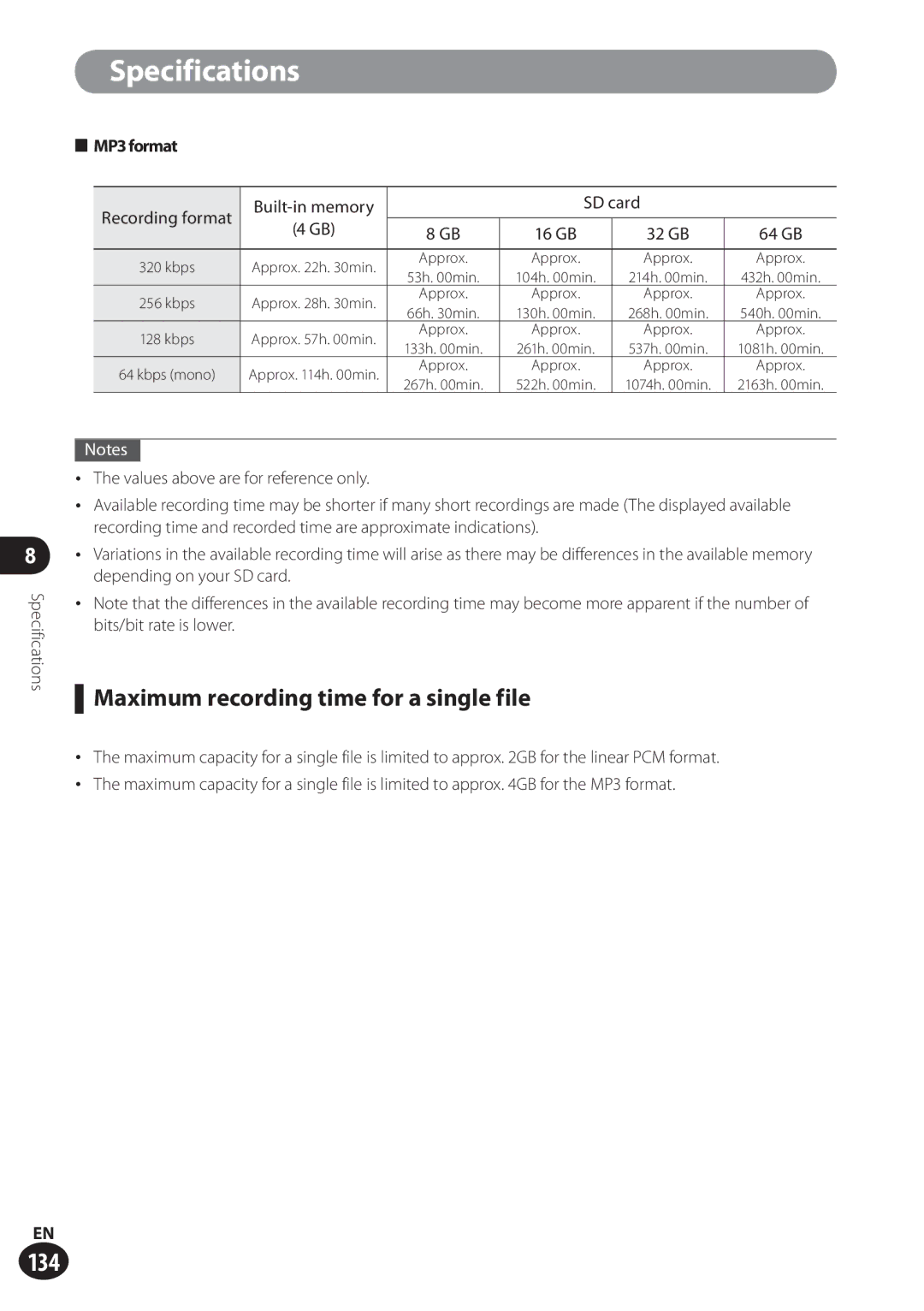 Olympus LS-100 user manual Maximum recording time for a single file, Recording format Built-in memory SD card 