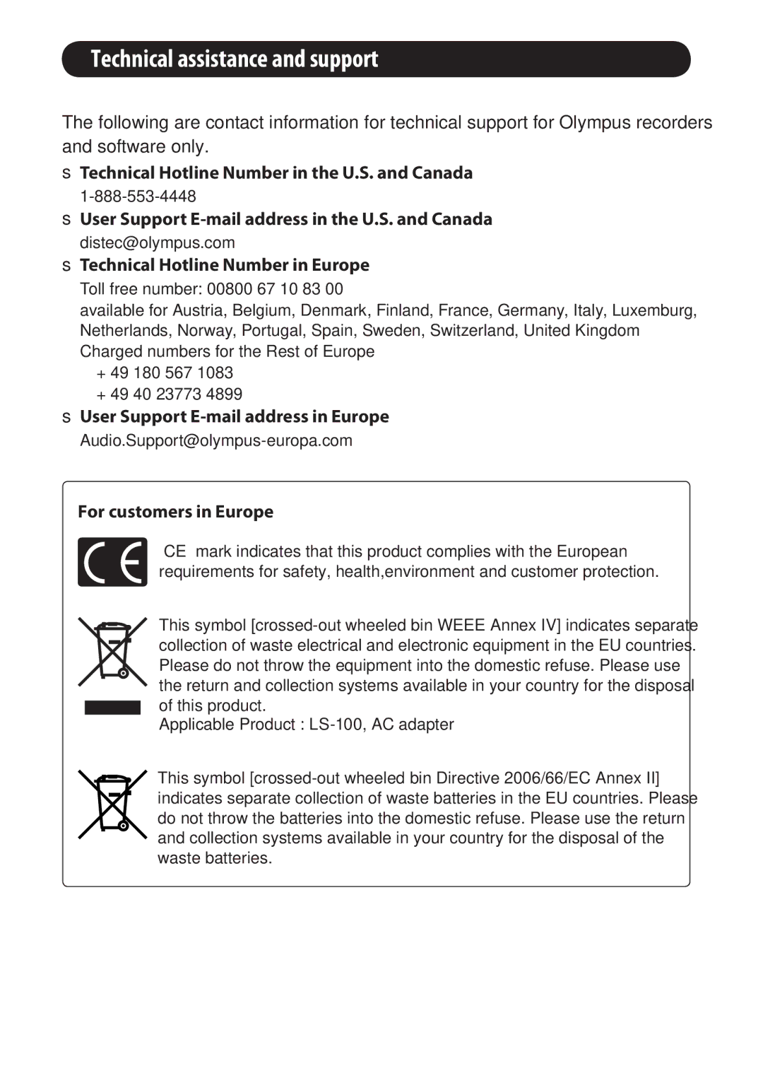 Olympus LS-100 user manual Technical assistance and support, STechnical Hotline Number in Europe, For customers in Europe 