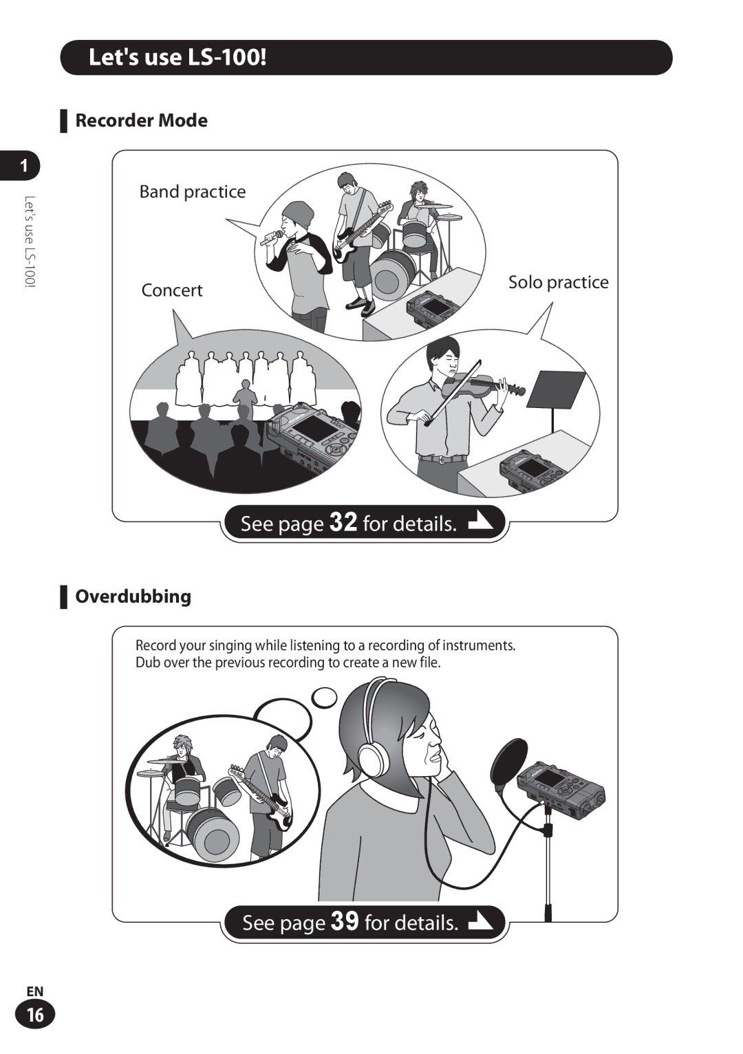 Olympus user manual Lets use LS-100, Recorder Mode, Overdubbing, Solo practice 