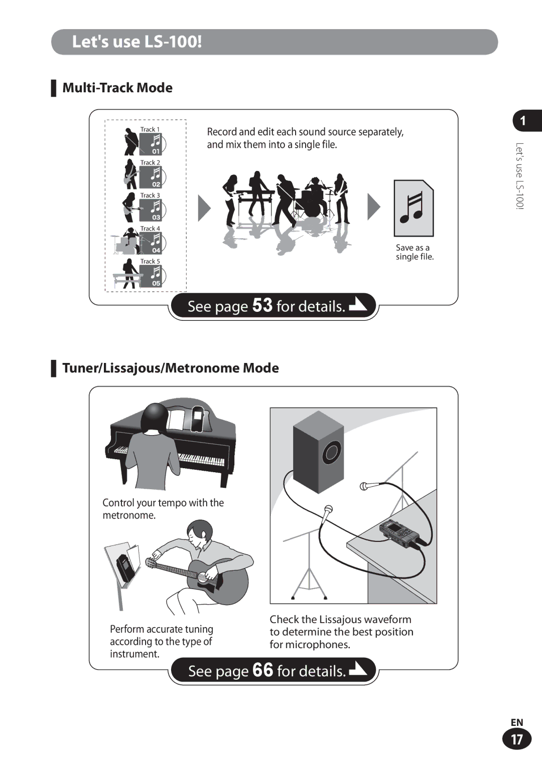 Olympus LS-100 user manual Multi-Track Mode, Tuner/Lissajous/Metronome Mode, Mix them into a single file 